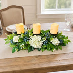 3 Candle Holder Centerpiece with Faux White Hydrangeas and Berries in White and Blue Green, alternate view 2