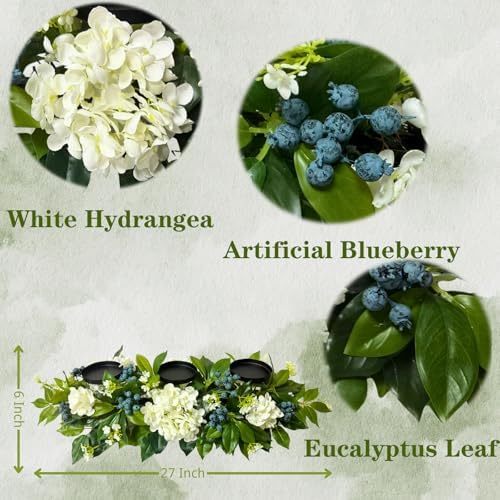 3 Candle Holder Centerpiece with Faux White Hydrangeas and Berries in White and Blue Green, alternate view 3