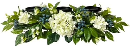 3 Candle Holder Centerpiece with Faux White Hydrangeas and Berries in White and Blue Green, alternate view 4