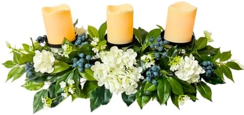 3 Candle Holder Centerpiece with Faux White Hydrangeas and Berries in White and Blue Green, alternate view 5