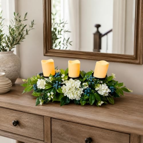 3 Candle Holder Centerpiece with Faux White Hydrangeas and Berries in White and Blue Green, alternate view 6