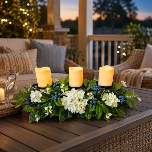 3 Candle Holder Centerpiece with Faux White Hydrangeas and Berries in White and Blue Green, alternate view 7