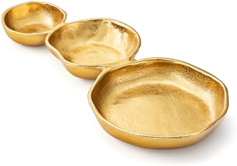 3 Cluster Decorative Bowls Gold Hammered Snack Tray Bowl Chip & Dip Serving Piece Strong Brass Centerpiece