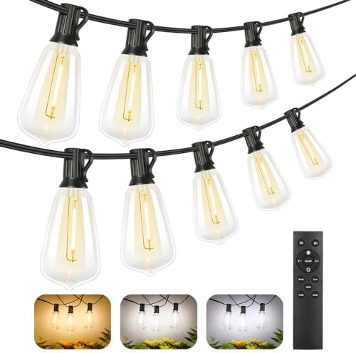 3 Color in 1 LED Outdoor String Lights with Remote, 100FT Edison Hanging String Lights for Outside Dimmable