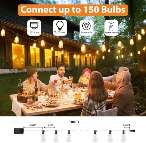 3 Color in 1 LED Outdoor String Lights with Remote, 100FT Edison Hanging String Lights for Outside Dimmable, alternate view 6