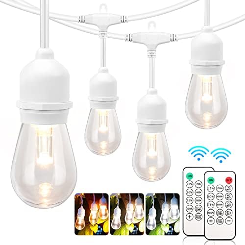 3 Colors 48FT Outdoor String Lights with Remote, 3 Modes, White in White