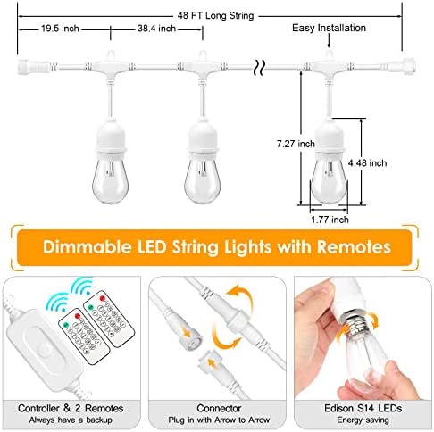 3 Colors 48FT Outdoor String Lights with Remote, 3 Modes, White in White, alternate view 4