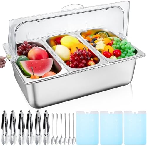 3 Compartment Condiment Tray, Stainless Steel Chilled Food Server with Lid in 3 Compartments in silver