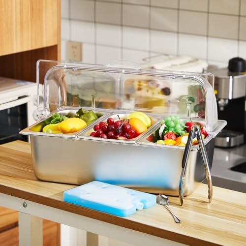 3 Compartment Condiment Tray, Stainless Steel Chilled Food Server with Lid in 3 Compartments in silver, alternate view 2