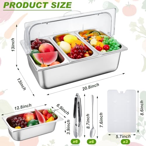 3 Compartment Condiment Tray, Stainless Steel Chilled Food Server with Lid in 3 Compartments in silver, alternate view 3