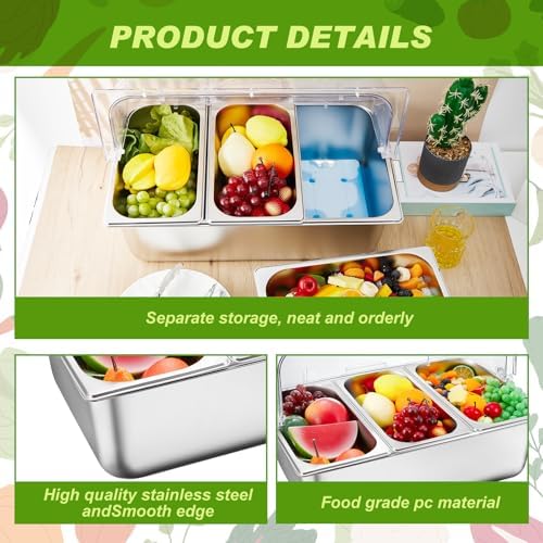 3 Compartment Condiment Tray, Stainless Steel Chilled Food Server with Lid in 3 Compartments in silver, alternate view 4