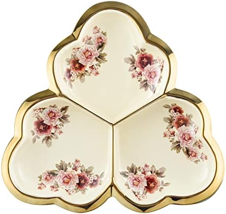 3 Compartment Gold Floral Porcelain Platter in Large in Gold tray