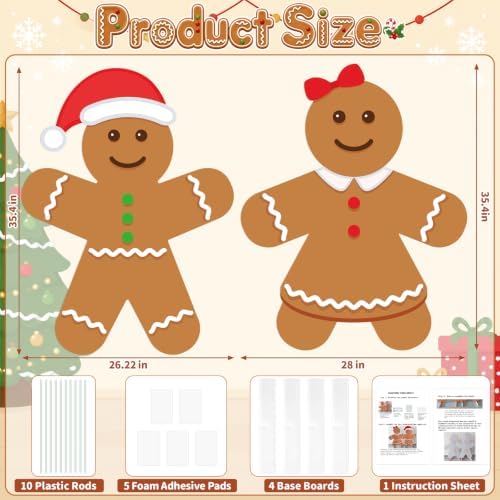 3 ft 2pcs Gingerbread Man Cardboard Cutout, Christmas Photo Prop in Approx. 35.4 x 28 in in Brown, White, Red, alternate view