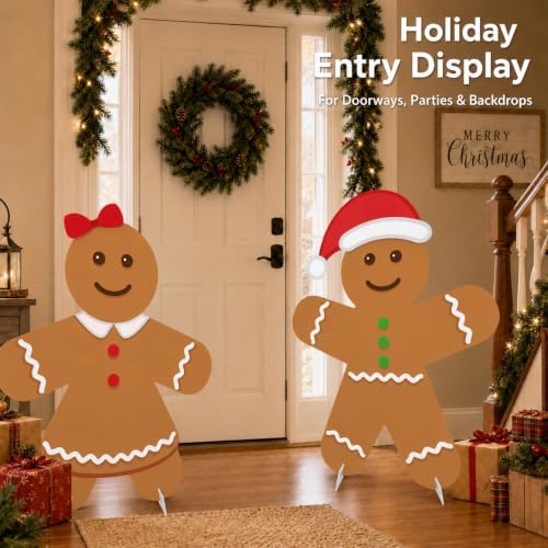 3 ft 2pcs Gingerbread Man Cardboard Cutout, Christmas Photo Prop in Approx. 35.4 x 28 in in Brown, White, Red, alternate view