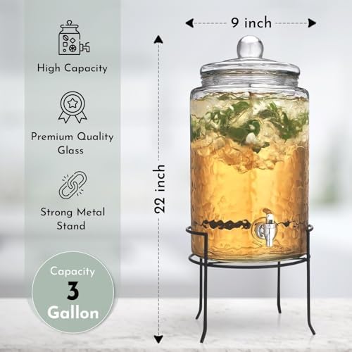 3 Gallon Glass Drink Dispenser with Metal Stand & Lid - Hammered Beverage Dispenser with Leakproof Spigot, Wide, alternate