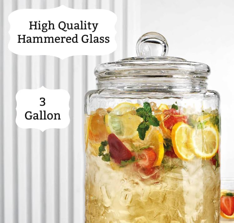 3 Gallon Glass Drink Dispenser with Metal Stand & Lid - Hammered Beverage Dispenser with Leakproof Spigot, Wide, alternate