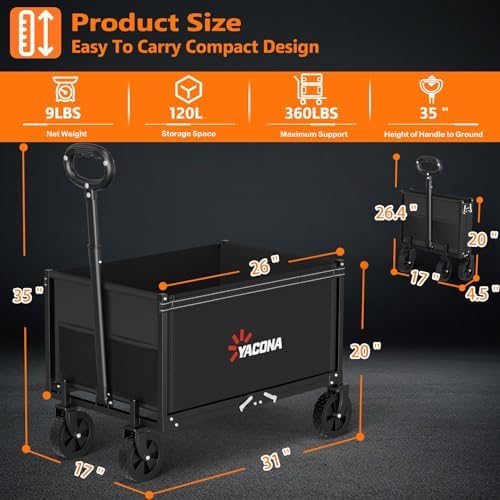 3 in 1 Wagons Carts Foldable with 360LBS Capacity, 120L Heavy Duty Collapsible Wagon, Utility Wagon Cart with, alternate view