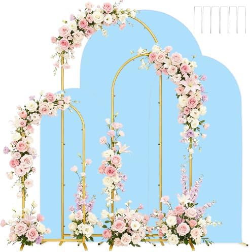 3 Metal Arch Backdrop Stands with Baby Blue Covers, 6/6.6/7.2FT
