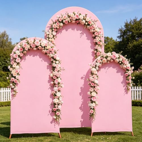 3 Metal Arch Backdrop Stands with Pink Covers, 4/5/6FT, alternate view 2