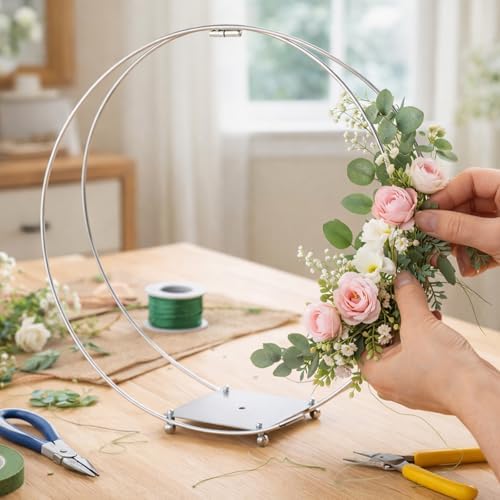 3 Pack 10 Inches Metal Double Floral Hoop Centerpieces with Stand and 38-Yard Paddle Wire Craft Centerpiece, alternate view 4