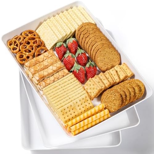 3 Pack, 16" x 11" Large White Serving Trays Set - Reusable Plastic Serving Platters for Cookie, Appetizer