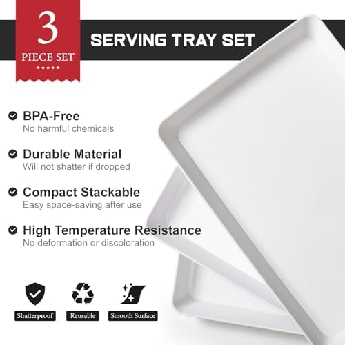 3 Pack, 16" x 11" Large White Serving Trays Set - Reusable Plastic Serving Platters for Cookie, Appetizer, alternate view 4
