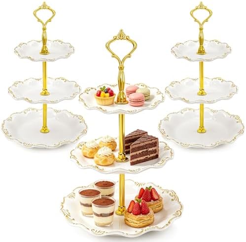 3 Pack 3 Tier Cupcake Stand, Plastic Tiered Serving Stand with Gold Rim, Reusable Dessert Stands Tower for