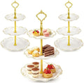 3 Pack 3 Tier Cupcake Stand, Plastic Tiered Serving Stand with Gold Rim, Reusable Dessert Stands Tower for