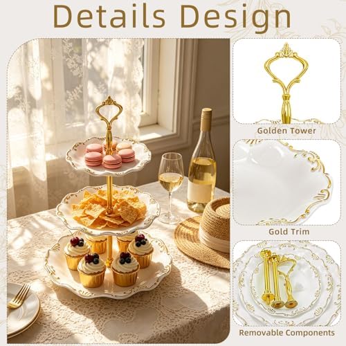 3 Pack 3 Tier Cupcake Stand, Plastic Tiered Serving Stand with Gold Rim, Reusable Dessert Stands Tower for, alternate view 4