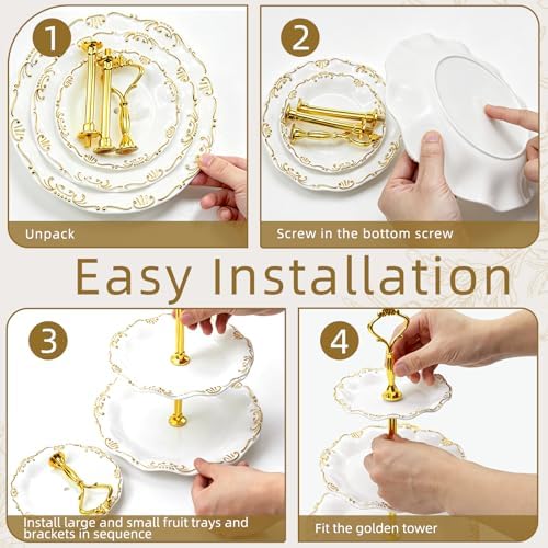 3 Pack 3 Tier Cupcake Stand, Plastic Tiered Serving Stand with Gold Rim, Reusable Dessert Stands Tower for, alternate view 5