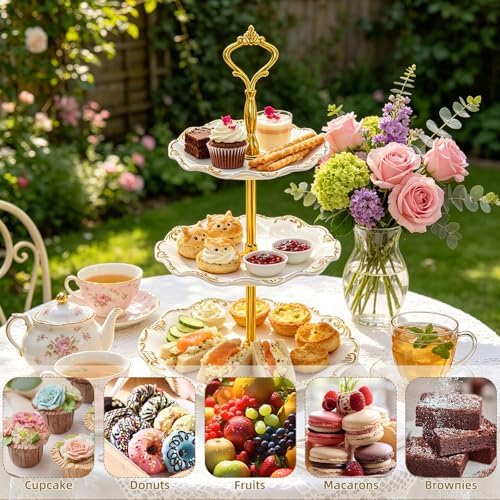 3 Pack 3 Tier Cupcake Stand, Plastic Tiered Serving Stand with Gold Rim, Reusable Dessert Stands Tower for, alternate view 7