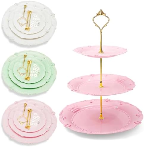 3 Pack 3 Tier Plastic Cupcake Stand, Dessert Cup Cake Holder Tower Reusable Tiered Serving Tray with Metal Rod, alternate