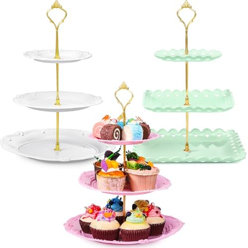 3 Pack 3 Tier Serving Tray for Tea Party, Pink, Green, White, Heart in Pink, green, white