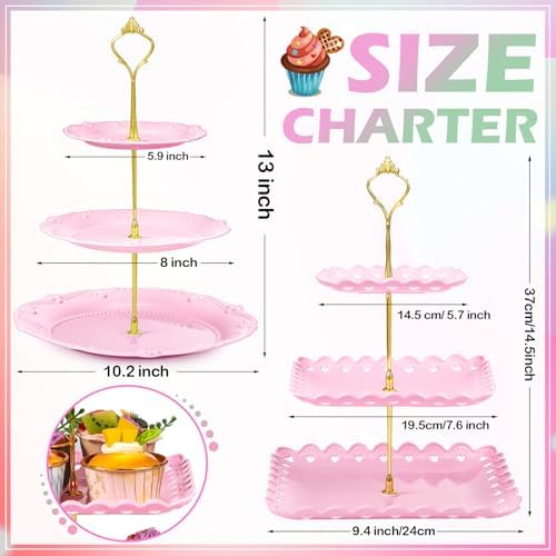3 Pack 3 Tier Serving Tray for Tea Party, Pink, Green, White, Heart in Pink, green, white, alternate view 3