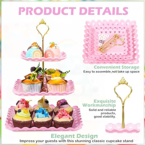 3 Pack 3 Tier Serving Tray for Tea Party, Pink, Green, White, Heart in Pink, green, white, alternate view 4
