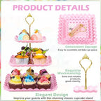 3 Pack 3 Tier Serving Tray for Tea Party, Pink, Green, White, Heart in Pink, green, white, alternate view 4