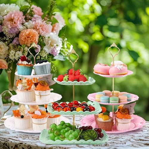 3 Pack 3 Tier Serving Tray for Tea Party, Pink, Green, White, Heart in Pink, green, white, alternate view 6