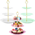 3 Pack 3 Tier Serving Tray for Tea Party, Pink, Green, White, Round in Pink, green, white