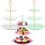 3 Pack 3 Tier Serving Tray for Tea Party, Pink, Green, White, Round in Pink, green, white