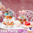 3 Pack 3 Tier Serving Tray for Tea Party, Pink, Green, White, Round in Pink, green, white, alternate view 2