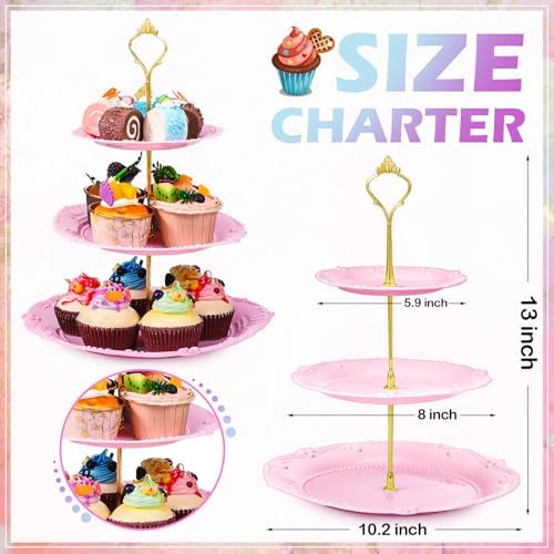 3 Pack 3 Tier Serving Tray for Tea Party, Pink, Green, White, Round in Pink, green, white, alternate view 3