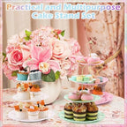 3 Pack 3 Tier Serving Tray for Tea Party, Pink, Green, White, Round in Pink, green, white, alternate view 5