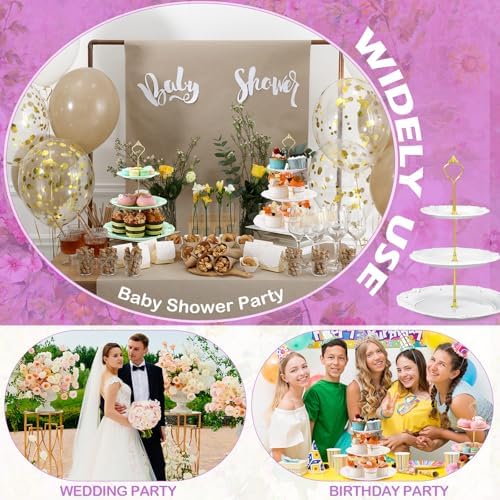 3 Pack 3 Tier Serving Tray for Tea Party, Pink, Green, White, Round in Pink, green, white, alternate view 6