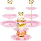3 Pack 3 Tier Serving Tray for Tea Party, Pink, Round in Pink