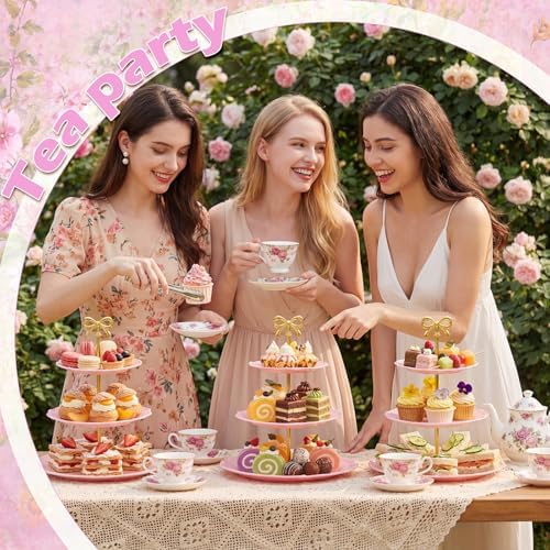 3 Pack 3 Tier Serving Tray for Tea Party, Pink, Round in Pink, alternate view 2