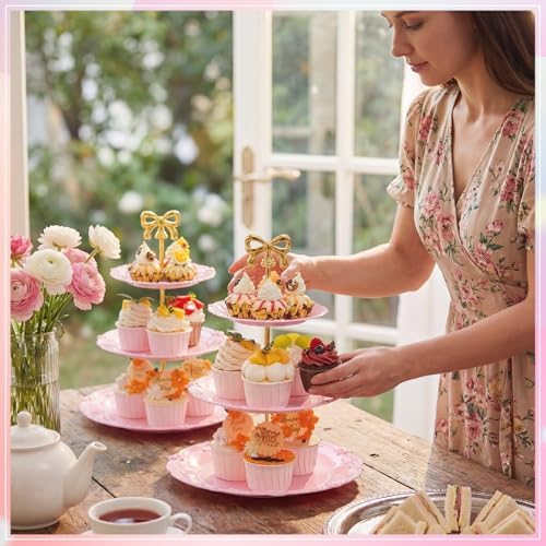 3 Pack 3 Tier Serving Tray for Tea Party, Pink, Round in Pink, alternate view 4