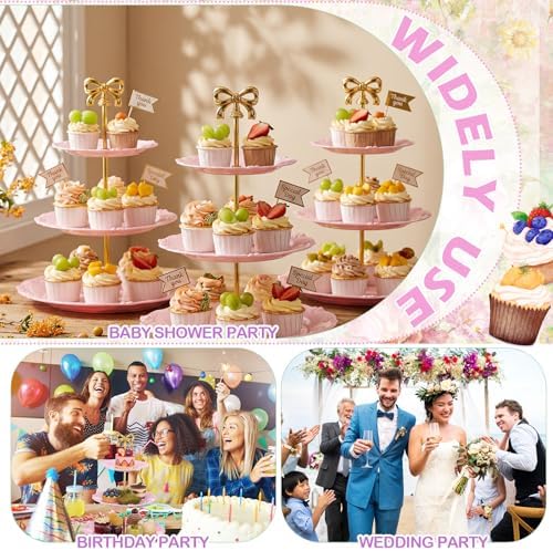 3 Pack 3 Tier Serving Tray for Tea Party, Pink, Round in Pink, alternate view 6