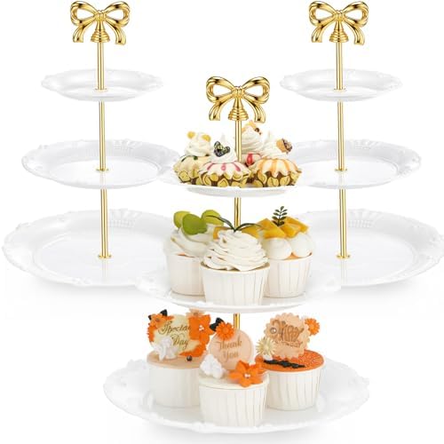 3 Pack 3 Tier Serving Tray for Tea Party, White, Round in White