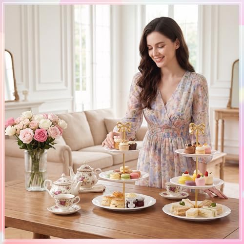 3 Pack 3 Tier Serving Tray for Tea Party, White, Round in White, alternate view 5