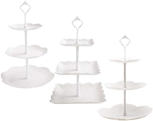 3 Pack 3 Tiers White Plastic Cupcake Stand Dessert Stand Tiered Serving Trays - Round, Square, Flower in White